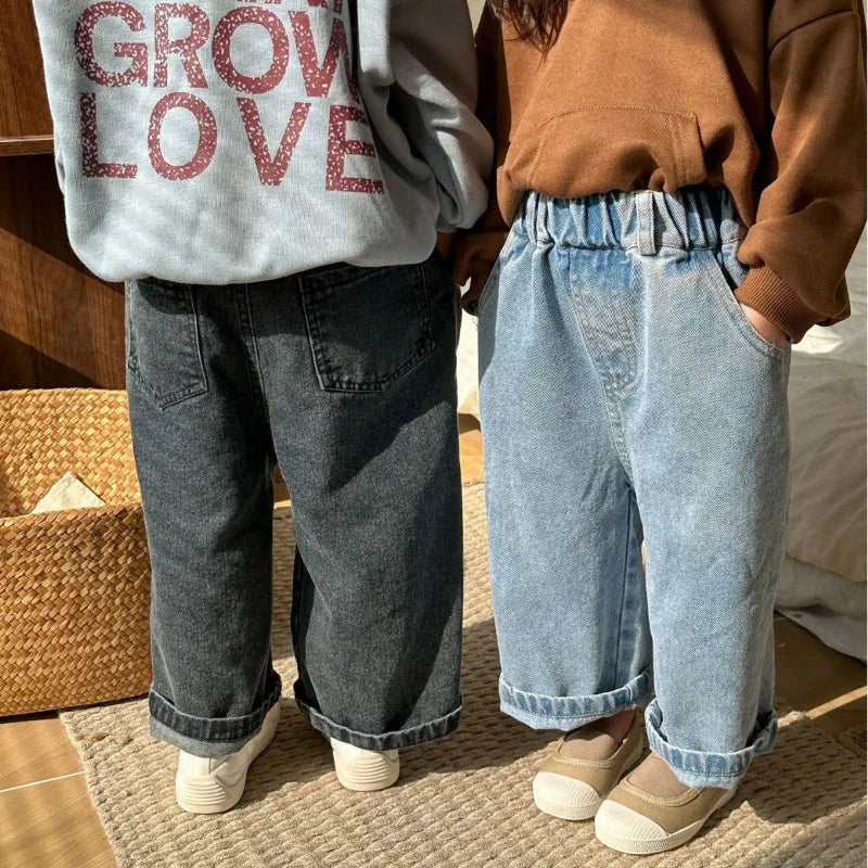 2024 Autumn boys and girls solid color denim wide leg pants unisex children casual all-match jeans