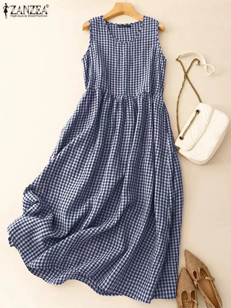 ZANZEA Summer Plaid Checked Sundress Bohemain Holiday Dresses Women Elegant O Neck Sleeveless Dress Casual Baggy Work Vestidos