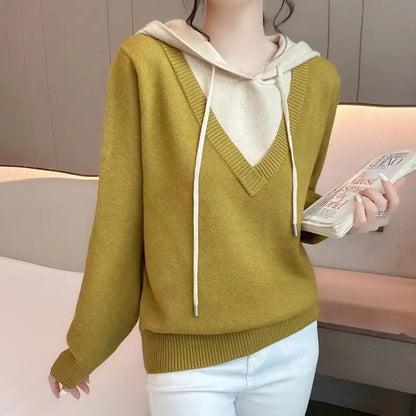 2023 New Autumn and Winter Fashion Minimalist Casual Loose Fitting Pullover Versatile Long Sleeved Fake Two-piece Hooded Sweater