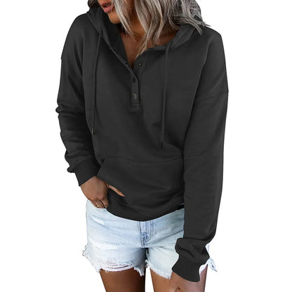 2023 Fashion Trend Long Sleeve Loose Casual V-collar Button Hooded Drawstring Pocket Hoodie