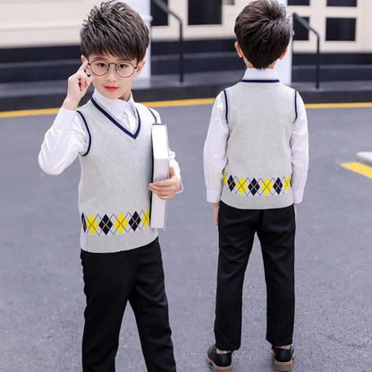 Kids Cotton Vests Spring Autumn , Boys And Girls Knit Sleeveless Sweater ,  V-Neck Children's School Waistcoat Top Clothes H6