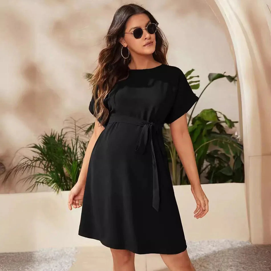 Maternity Clothings Solid Color Soft Elastic Maternity Dress Fashionable and Elegant Short Sleeved High Waisted Lace Up Dress