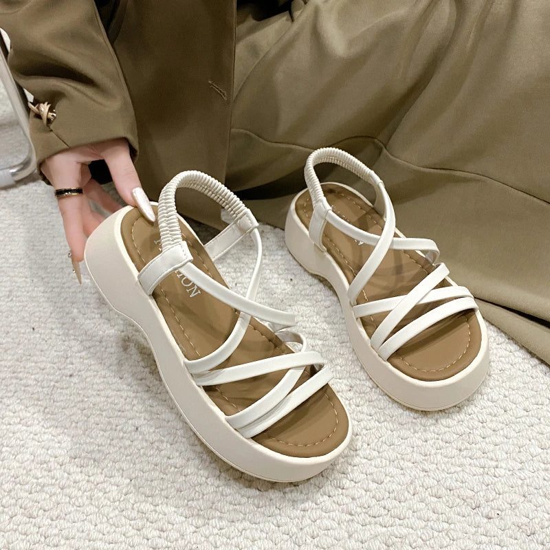 2024 Summer New Korean Style Cross Strap High Heel Casual Shoes Fashion Thick Soled Platform Sandals for Women