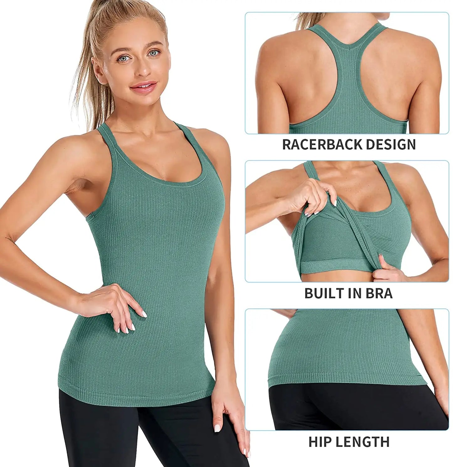 Attraco Women Camisole Racerback Design U-Neck Basic Breathable Sportswear Solid Soft Build-in Shelf Bra Running Tank Tops