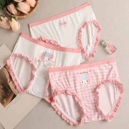 3Pcs/set Kawaii Kuromi Underwear Anime Sanrio Cinnamoroll My Melody Cute Girl Pure Cotton Antibacterial Lace Underpants Briefs