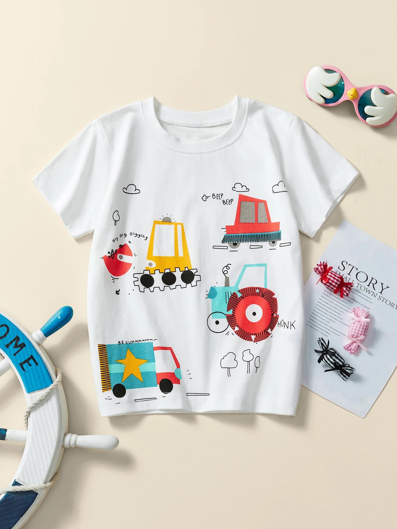 Boys/Girls Cotton Casual Round Neck Short Sleeve T-shirt Top Cartoon Car Printed Pattern Summer Breathable Fashionable Style