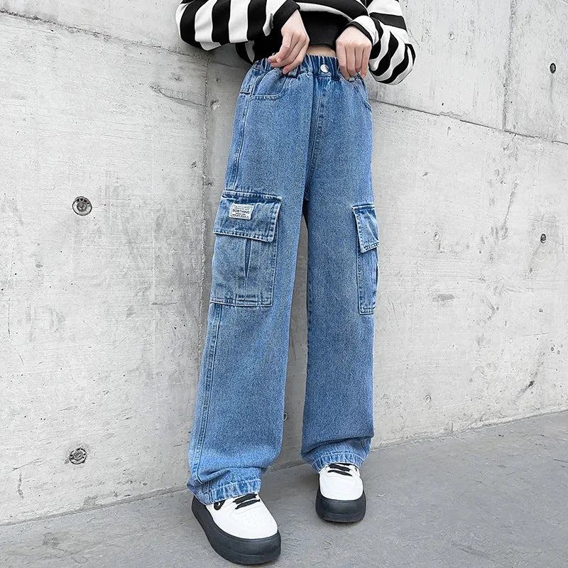 Teenager Girls Wide Leg Cargo Jeans School Young Children Trousers Spring Autumn New Fashion Kids Denim Pants 6 8 10 12 14 Years