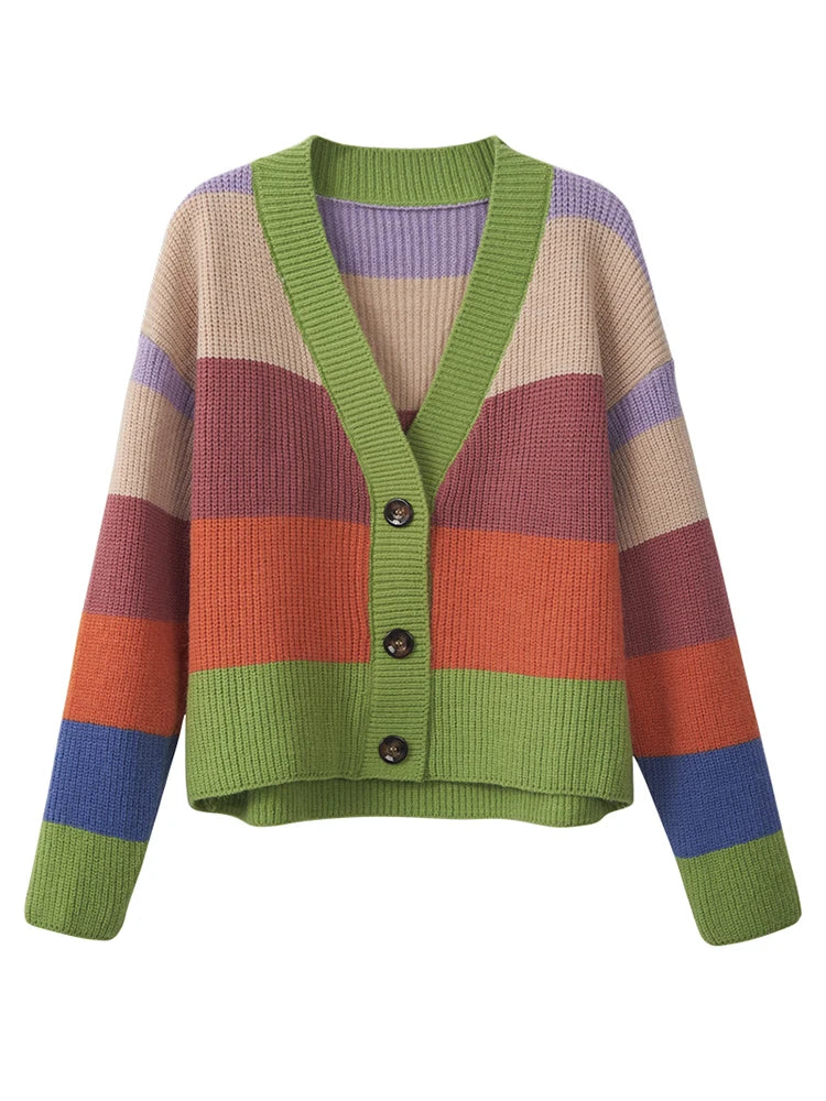 Autumn Winter Women V-neck Cardigan Tops Casual Rainbow Color Sweater Fashion Knitted Loose Jacket Y2k Streetwear 2024