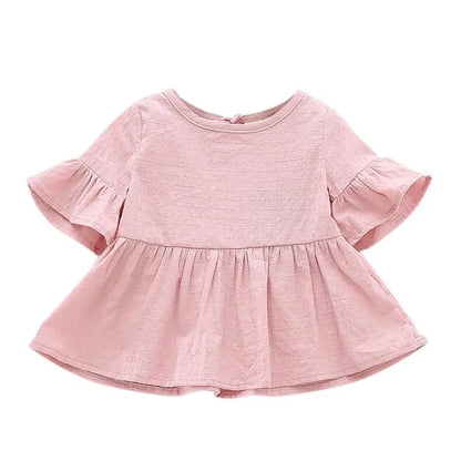 Summer Children Girls Shirts Dresses Cute Cotton Short Sleeved Ruffled Solid Color Baby Blouse Fashion Infant Clothes 9-48M