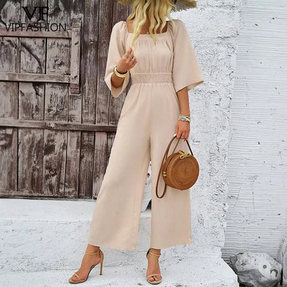 VIP FASHION Apricot Women Jumpsuits Spring Summer Office Lady Wear Burgundy Dark Brown Folds Casual Suit Wide Leg Pants Clothing