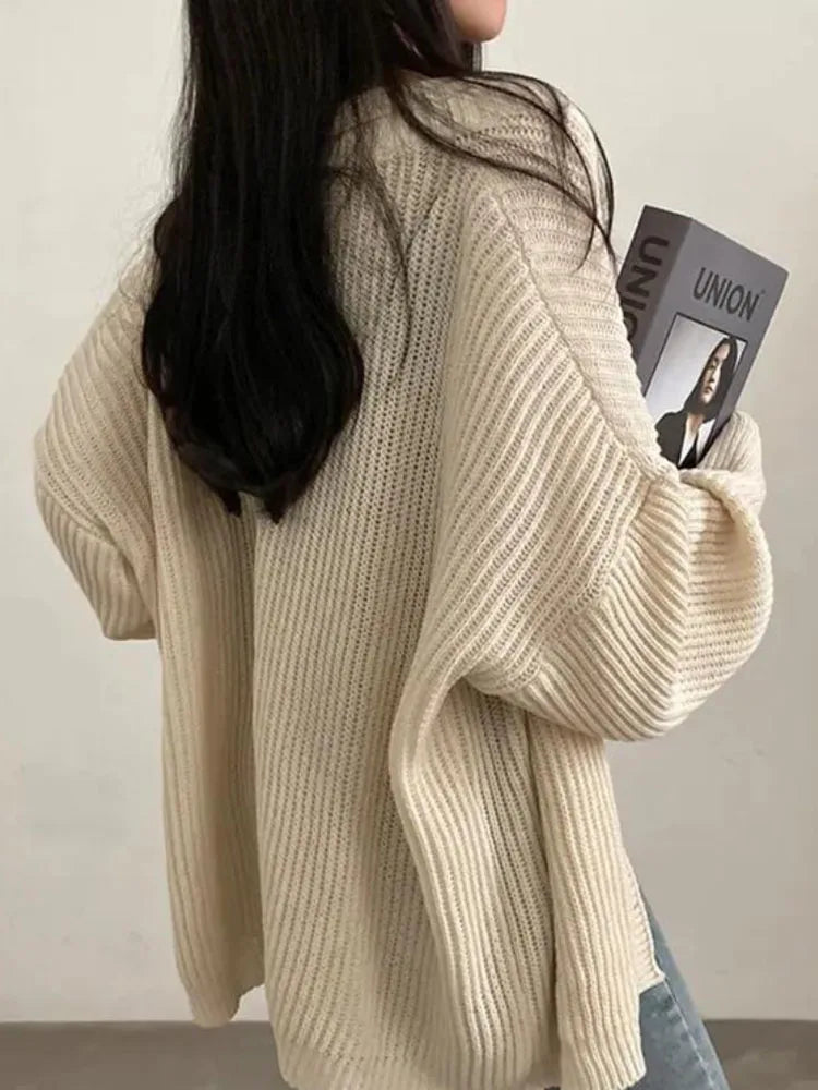 Zoki Harajuku Oversize Cardigan Sweater Women Casual Loose Lazy Wind Korean Tops Vintage Long Sleeve Lady Simple Design Cardigan