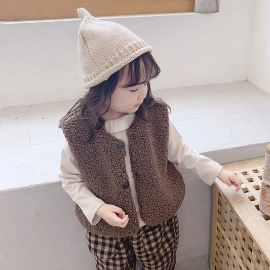 Autumn Winter Children Lamb Wool Plus Velvet Warm Thicked Waistcoat Baby Girls Boys Plush Vest Single V Neck Child Fashion Coat