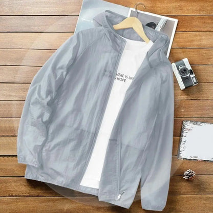 Men Sunscreen Coat Thin Zipper Closure Solid Color Summer Outdoor Sports Sun Protection Hooded Jacket Daily Wear