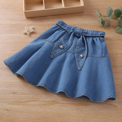 2024 New Summer Girls Denim Skirt Fashionable Blue Korean Style Little Girl Skirt Children's Clothing Princess Skirt