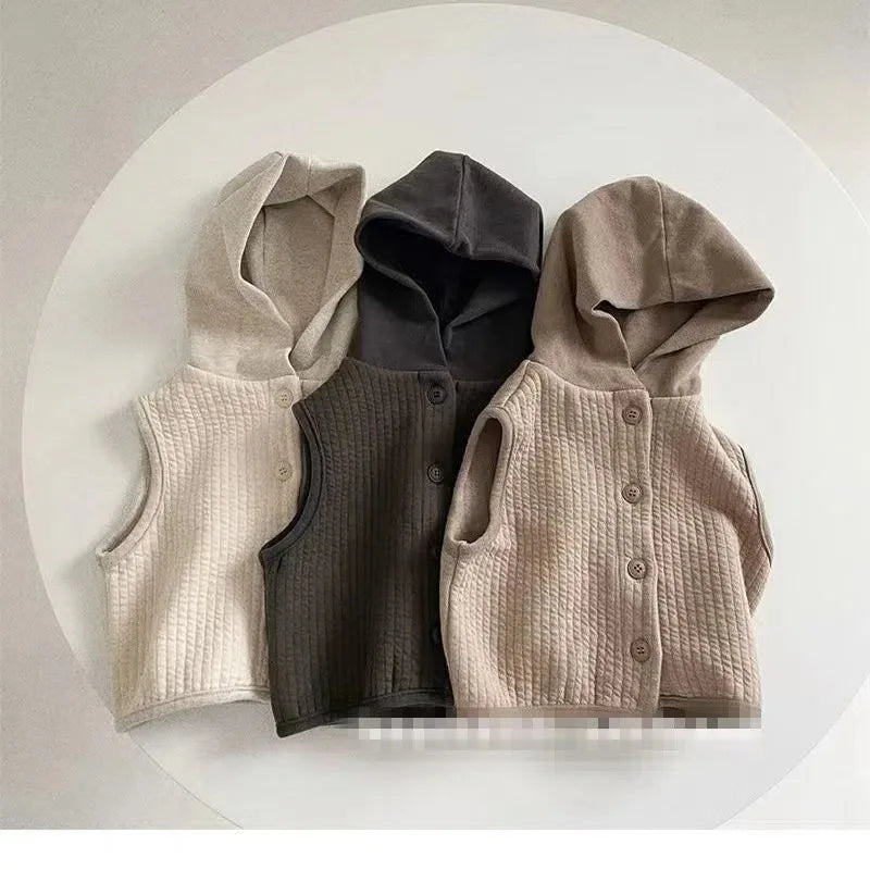 2024 Autumn New Children Casual Hooded Vest Solid Baby Sleeveless Coat Cotton Boys Girls Vest Cardigan Baby Jacket Kids Clothes