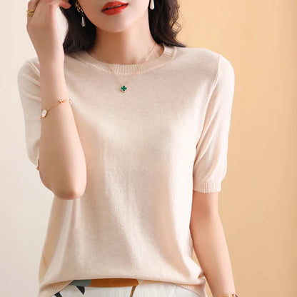 100% Merino Fine Wool Knitted Round Neck Short Sleeve Basic Versatile Women's Thin 2023 Summer Premium Special Top T-Shirt