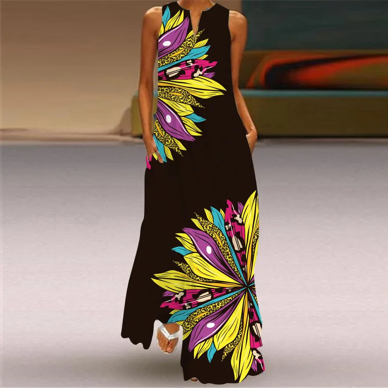 Fashion V-Neck Printed Sleeveless Women Maxi Dress Summer Casual Loose Straight Beach Long Dresses Ladies Sundress Lady Vestidos