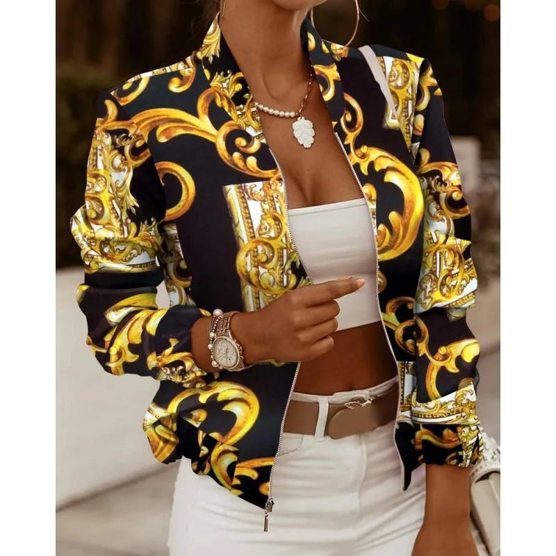 Autumn Commuter Long Sleeved Women's Top Standing Neck Zipper Cardigan Jacket Solid Color and Fashion Printed Casual Top Jacket