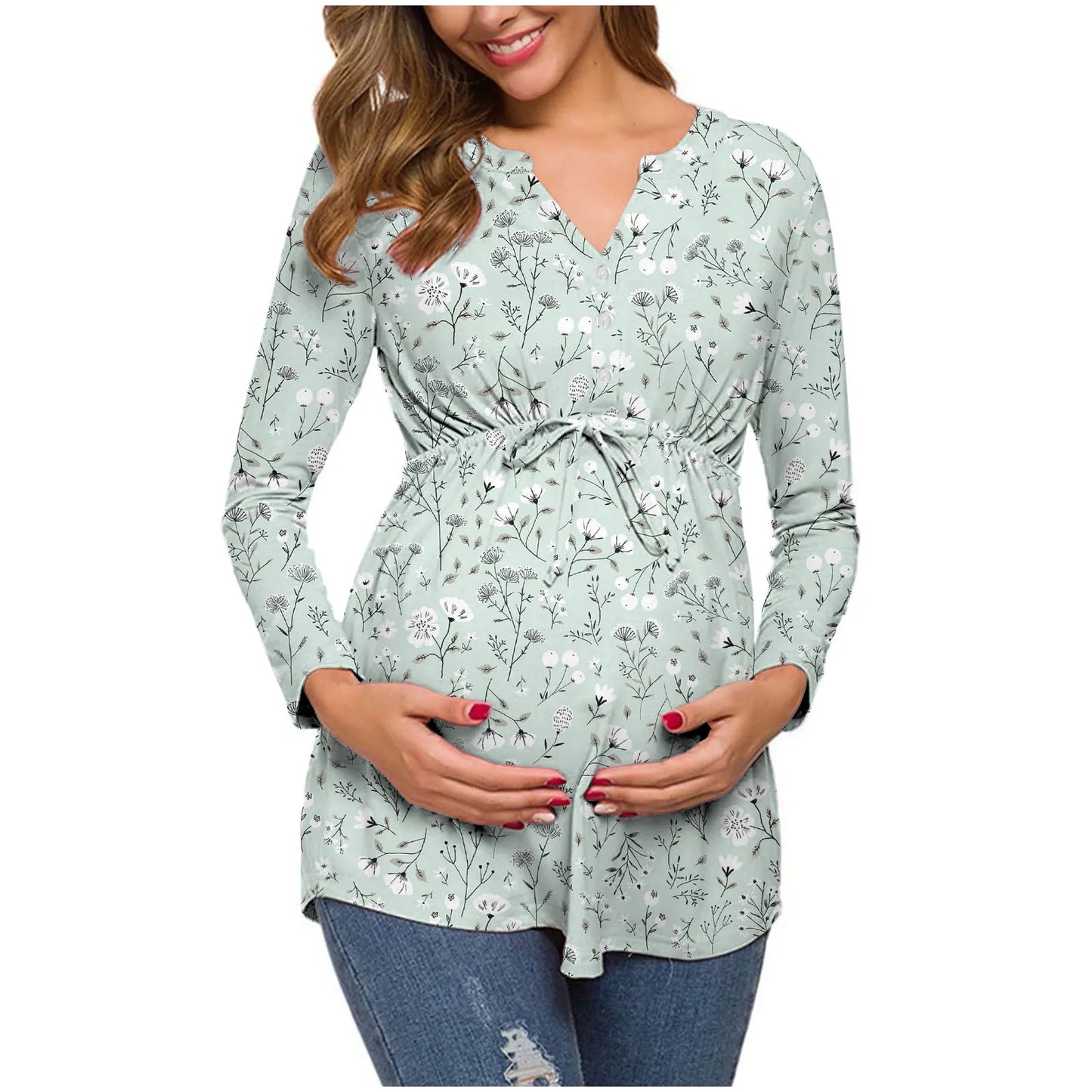 Women's Spring Autumn Long-sleeved V-neck cotton Maternity Dress Comfortable  Breathable Printed Nursing Top lactation Dress