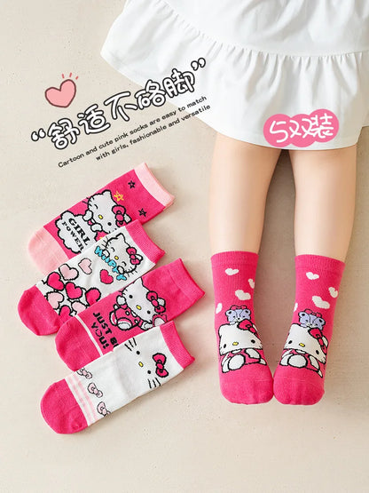 5 Pairs Sanrio Hello kitty Kids Socks Kawaii New Fall Cartoon Children mid-calf socks Cotton Sock for Girls Gifts