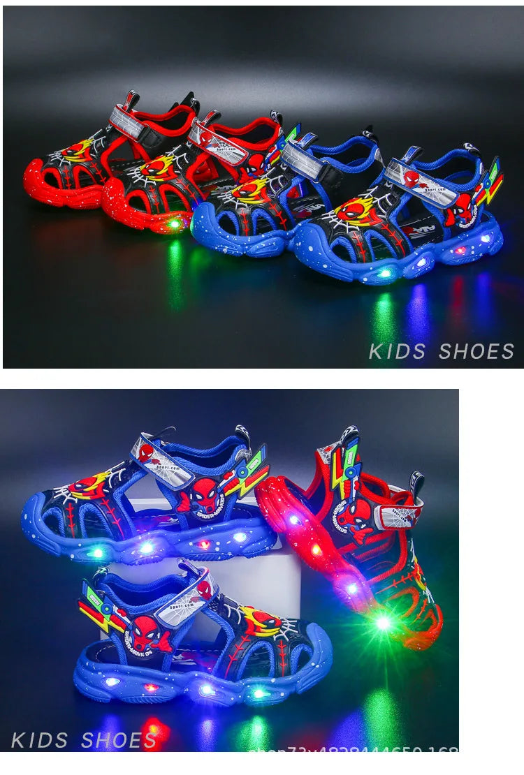 Disney LED Sport Sandals Summer Cartoon Spiderman Sandals for Boys Casual Beach Shoe Soft Sole Kids Shoes