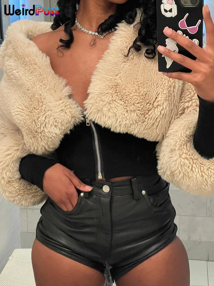 Weird Puss Furry Jacket Women Patchwork Thick Cotton-Padded Zipper Long Sleeve v-Neck Elegant Winter Wild Basic Streetwear Coat