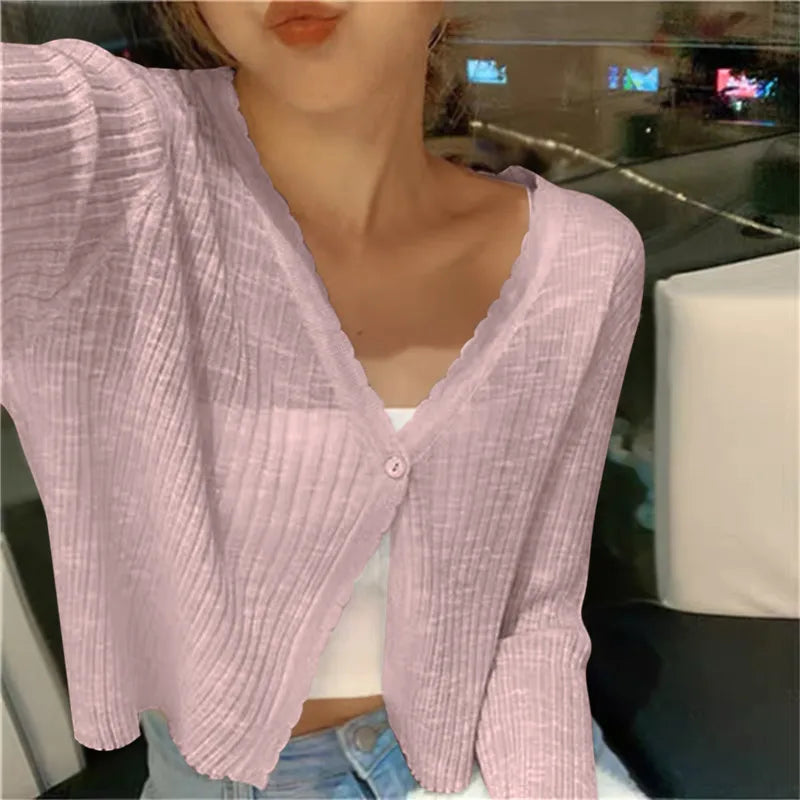 2024 Summer Ice Silk Sexy Women V Neck Button Long Sleeve Cropped Knitted Loose Sweater Tops Fashion Women Cardigan