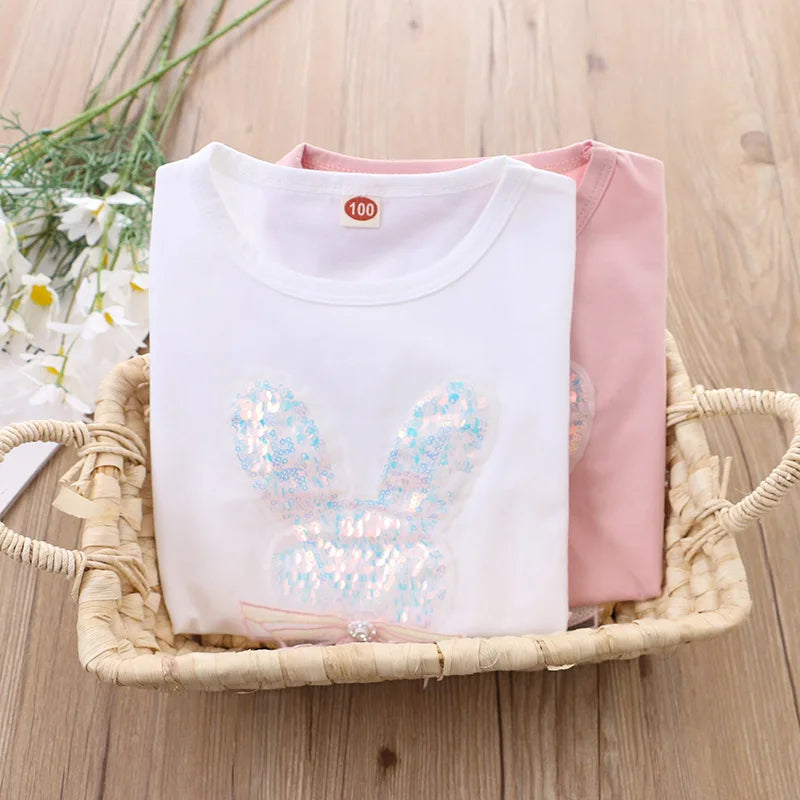 Baby Girls Sequin Short Sleeved T-Shirt 2024 Summer Kids Top Tees O Neck Shirts 2 To 8Yrs Children's Clothes Korean Style