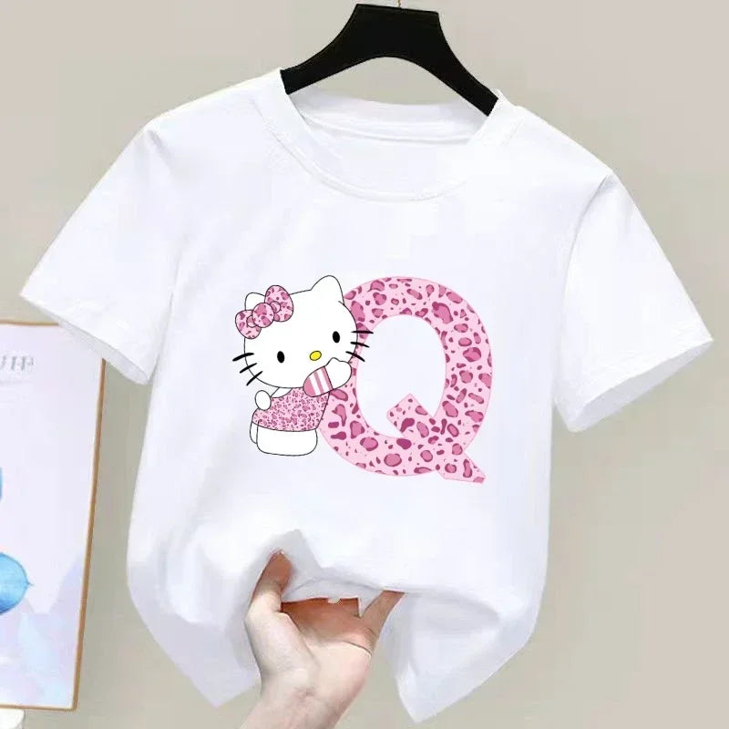 Summer Hello Kitty Letter A-Z Children Short Sleeved Cotton T-shirt Cartoon Printed Top Kid Girl Clothing Birthday Gift Baby Tee