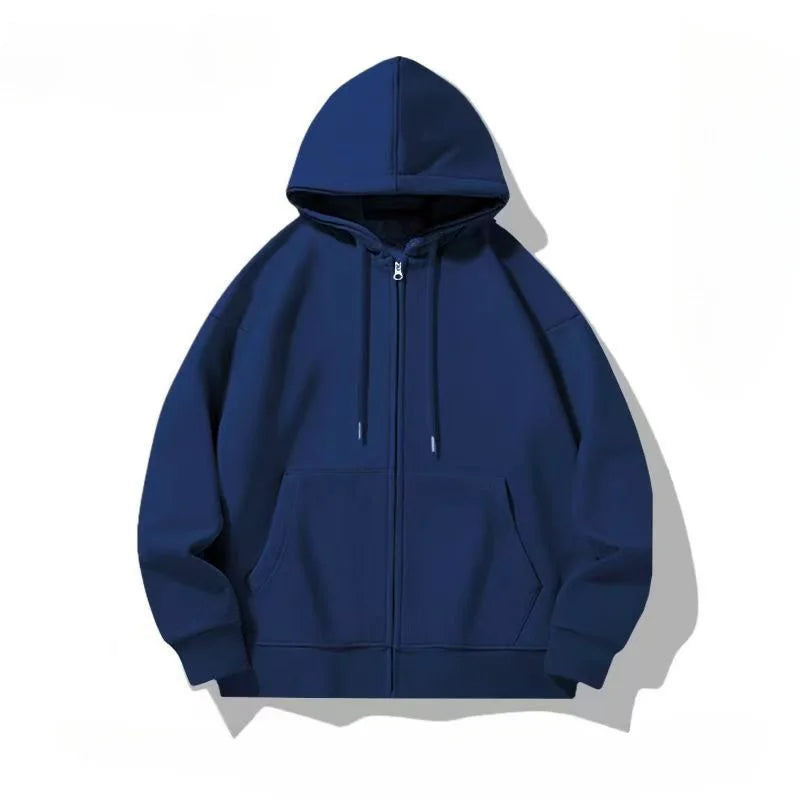 Autumn Fleece Hoodie Solid Color Hooded Korean Fashion Sweatshirts Long Sleeve Top Drawstring Pockets Loose Zipper Black Hoodies