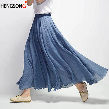 Women Linen Long Skirts Elastic Waist Pleated Maxi Skirts Beach Boho Vintage Summer Skirts Faldas Saia 14 Colors