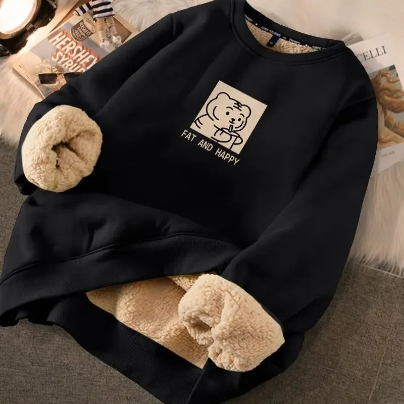 Autumn Winter Women Casual Loose Sweatshirts Lambswool Thicken Thermal Sweatshirts Women Printed Cute Fleece Warm Hoodies 2023