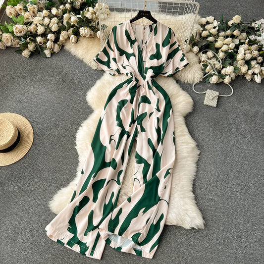 Summer Casual Women Printed Wide Leg Jumpsuit Female V-Neck Short Puff Sleeve High Waist Draped Loose Romper New Fashion