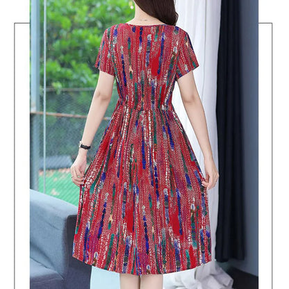 Summer New Cotton Silk Round Neck Lacing Decoration Short Sleeve Multi-element Print Loose Pockets Knee Length Dress for Women