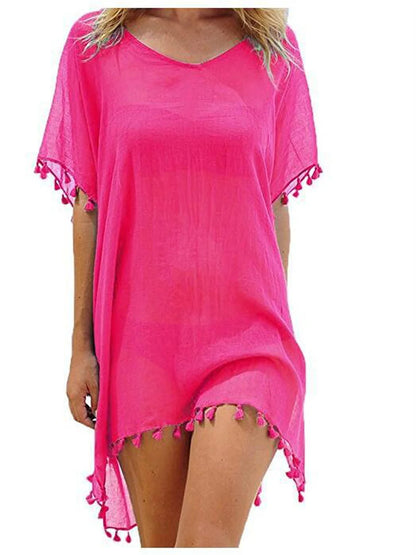 Women Chiffon Beachwear Tassel Bikini Cover Up Short Beach Dress Solid See-Through Swimsuit Summer Casual Swimwear