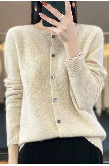 2024Spring and Autumn  New 100% pure merino cashmere sweater women's O-neck cardigan loose long-sleeved sweater top