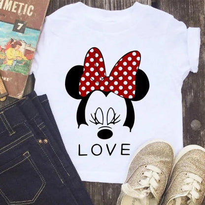 Disney Series Mickey Minnie Anime Clothes T-shirt Boy Girl Casual Summer White Pink Cotton Children's Clothing Baby Kawaii Tees