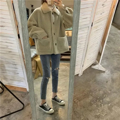 Petitefleece-lined Thickened Sheep Fleece Jacket Women's Autumn/winter 2024 New Style Loose-fit Sweatshirt Versatile Students