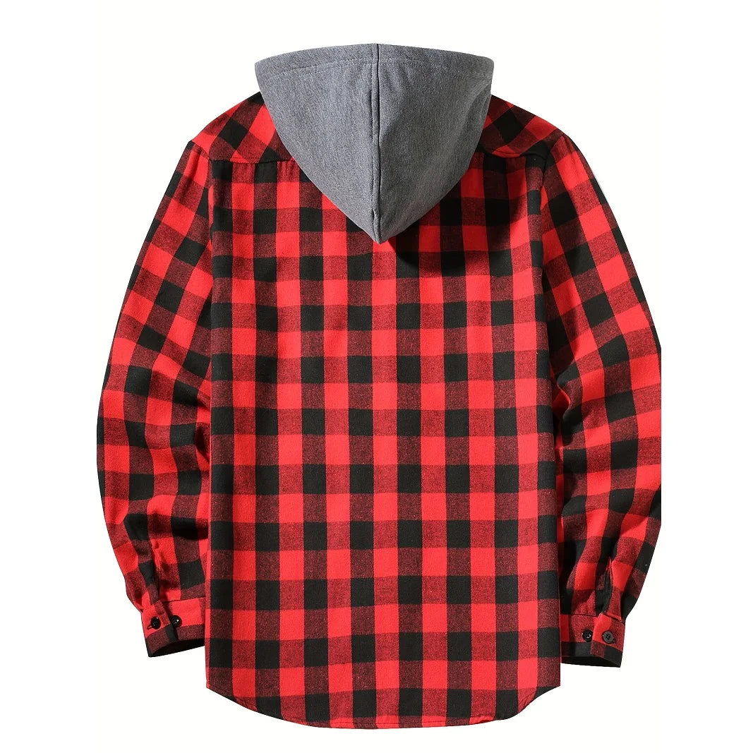 Men's Shirts Classic Plaid Casual Button Down Hooded Long Sleeved Double Pockets Shirt Hoodie Flannel Jacket Spring Autumn Tops