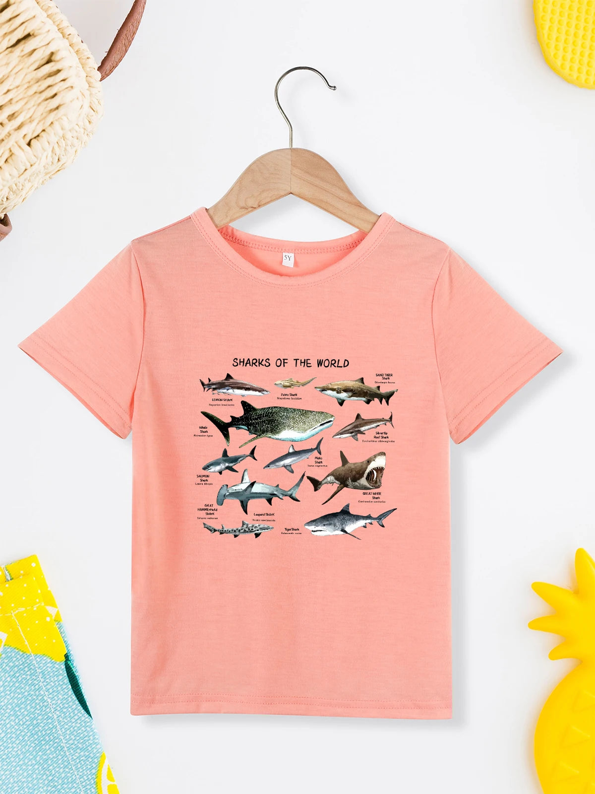 Grey T-shirt for boys, aquarium shark cartoon print, summer casual and comfortable T-shirt for young children