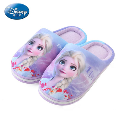 Disney Home Winter Slippers Cartoon Frozen Princess Elsa Cotton for Children in Winter Warm and Anti slip Indoor Blue Shoes Size