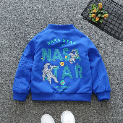 New Spring Autumn Baby Boys Casual Thin Coat Black Blue Letter Print Stand Neck Open Stitch Bomber Jacket Kids Clothes E48711