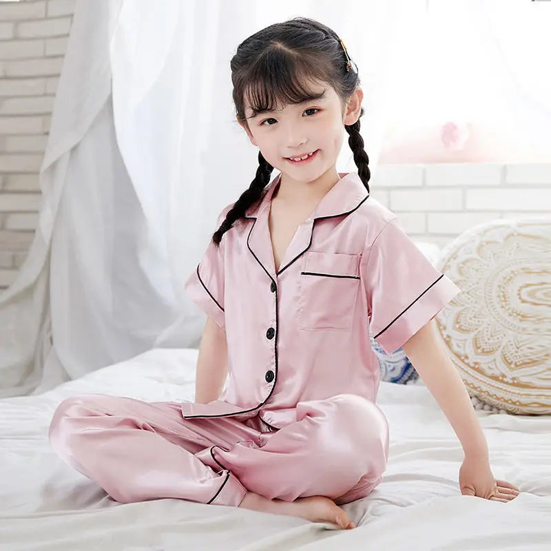 2pcs Boys Girls Pajamas Silk Pants Long Sleeve Solid Button-Down Pyjamas Satin Sets Nightgown Children Sleepwear Kids Loungewear