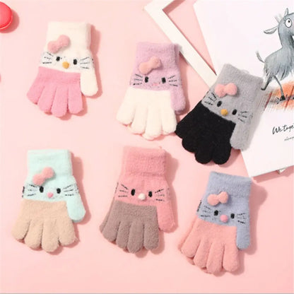 Cute Cat Design Kids Gloves Full Fingers Knitted Gloves Boys And Girls Winter Warm Mittens for 4-10 Years Kids