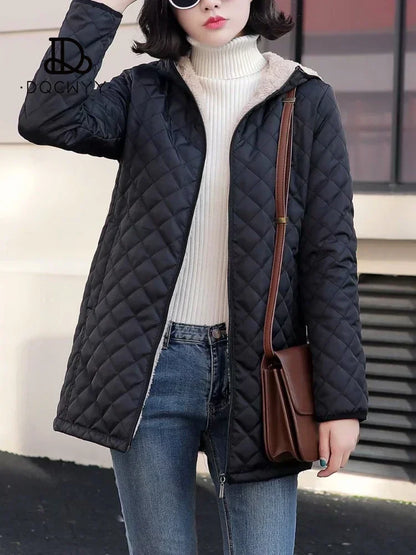 New Women Jacket Winter Hooded Plush Parkets Mid Length Casual Cotton-padded Jacket Winter Coat Women's Clothing Free Shipping