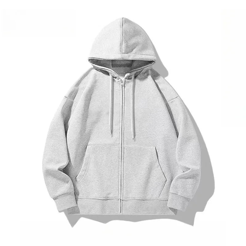 Autumn Fleece Hoodie Solid Color Hooded Korean Fashion Sweatshirts Long Sleeve Top Drawstring Pockets Loose Zipper Black Hoodies