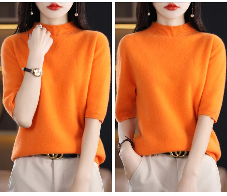 Fashion Half Short Sleeve 100% Merino Wool Sweater Basic Mock-Neck  Cashmere Women Knitted Top  Pullover Clothing Tops