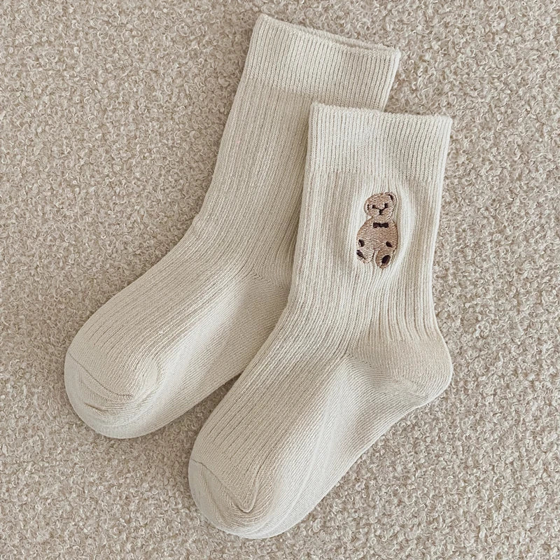 Autumn Winter Cotton Kids Socks Korean Retro Style Bear Embroidery Girls Boy Toddler Knitted Socks Warmth Tube Socks For 1-9 Yrs