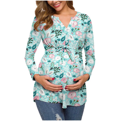 Women's Spring Autumn Long-sleeved V-neck cotton Maternity Dress Comfortable  Breathable Printed Nursing Top lactation Dress