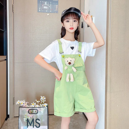 3-10 Years Girls Suspender Jeans Cute Bear Doll Overalls New Fashion Korean Teenage Girls Denim Shorts Children Birthday Present